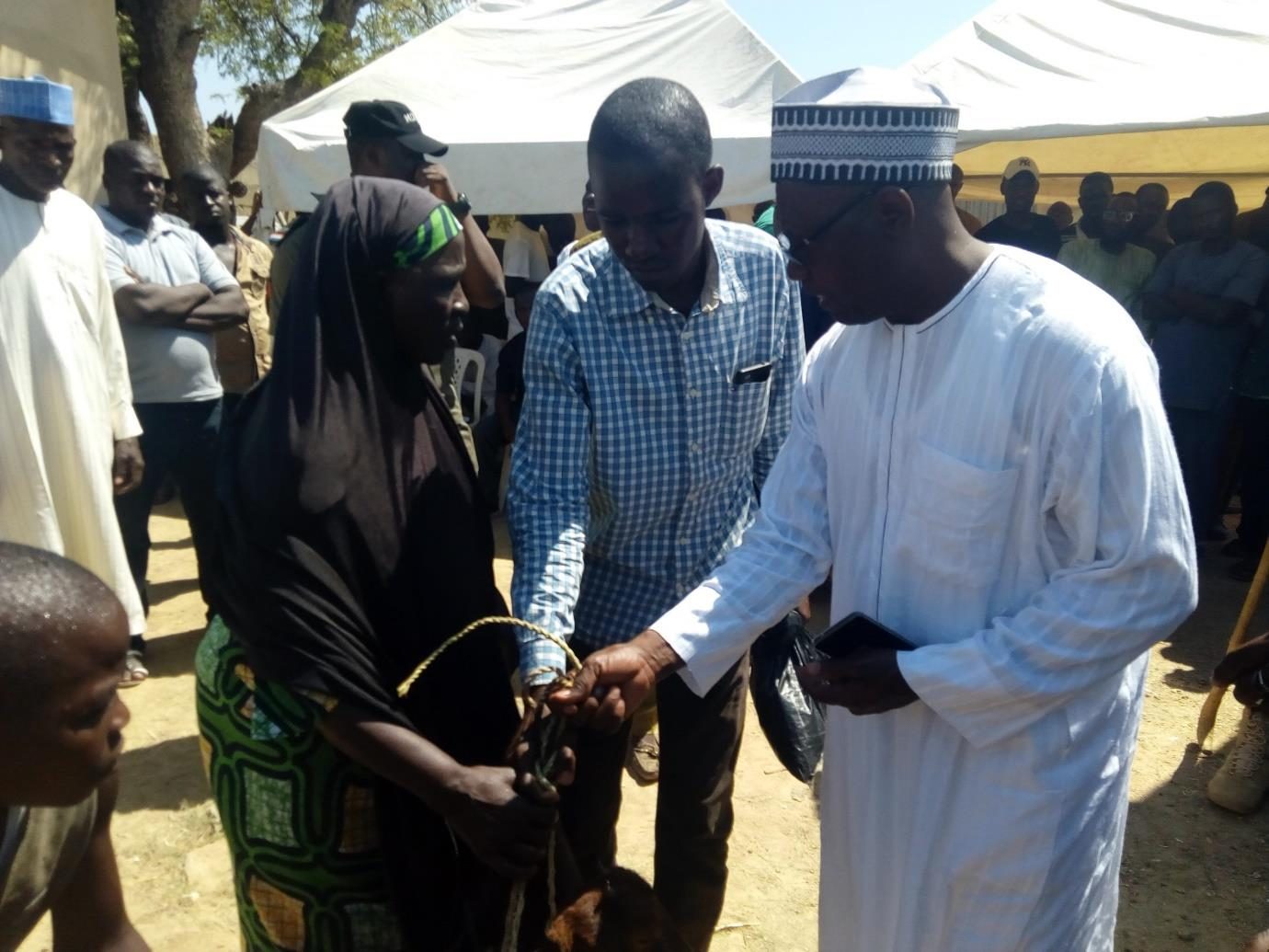 A community leader in Gombi LGA receives a power tiller, dry season farming support, 2018